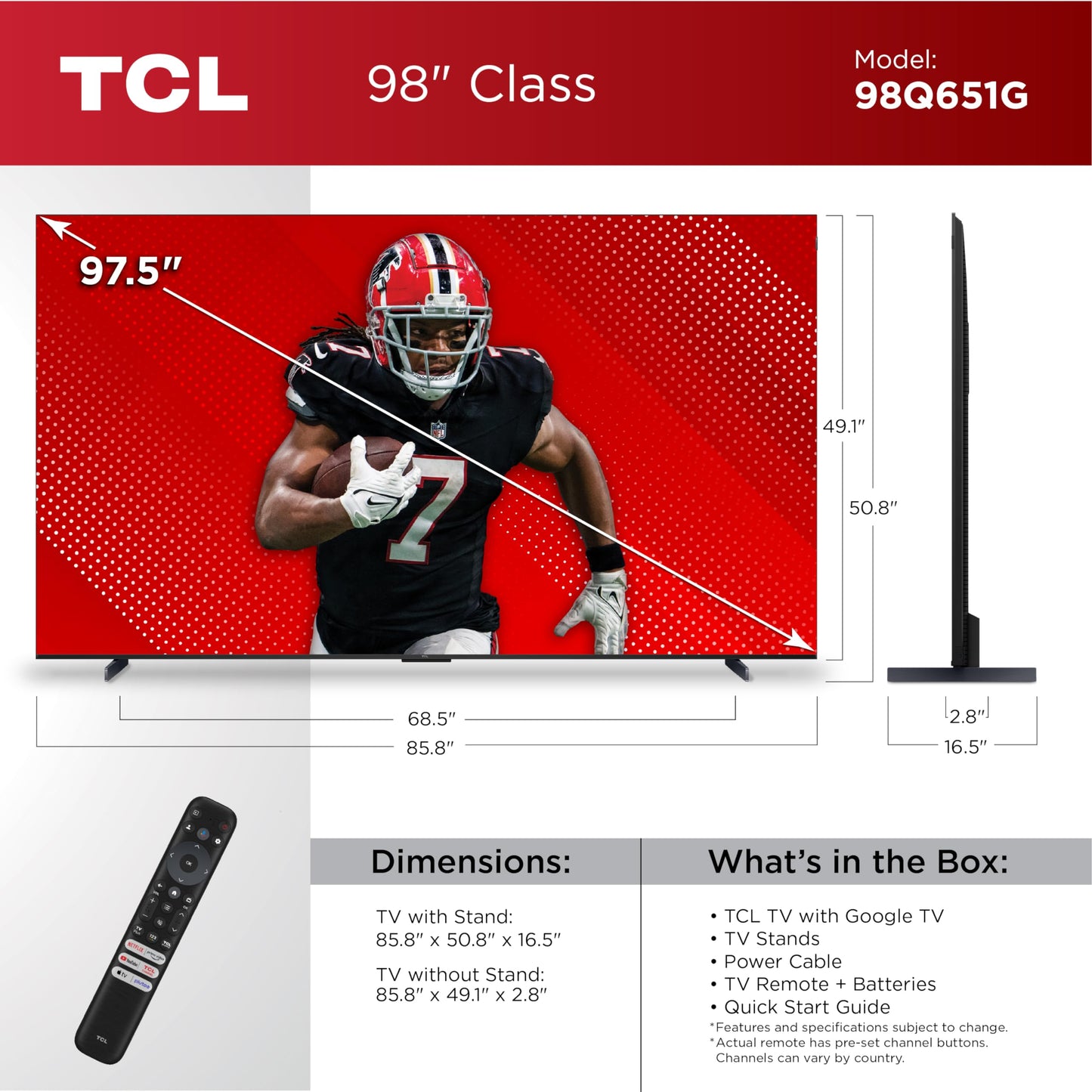 TCL 98-Inch Q65 QLED 4K UHD Smart TV with Google TV (98Q651G, 2024 Model) Dolby Vision, Dolby Atmos, HDR Pro+, Game Accelerator Enhanced Gaming, Voice Remote, Works with Alexa, Streaming Television