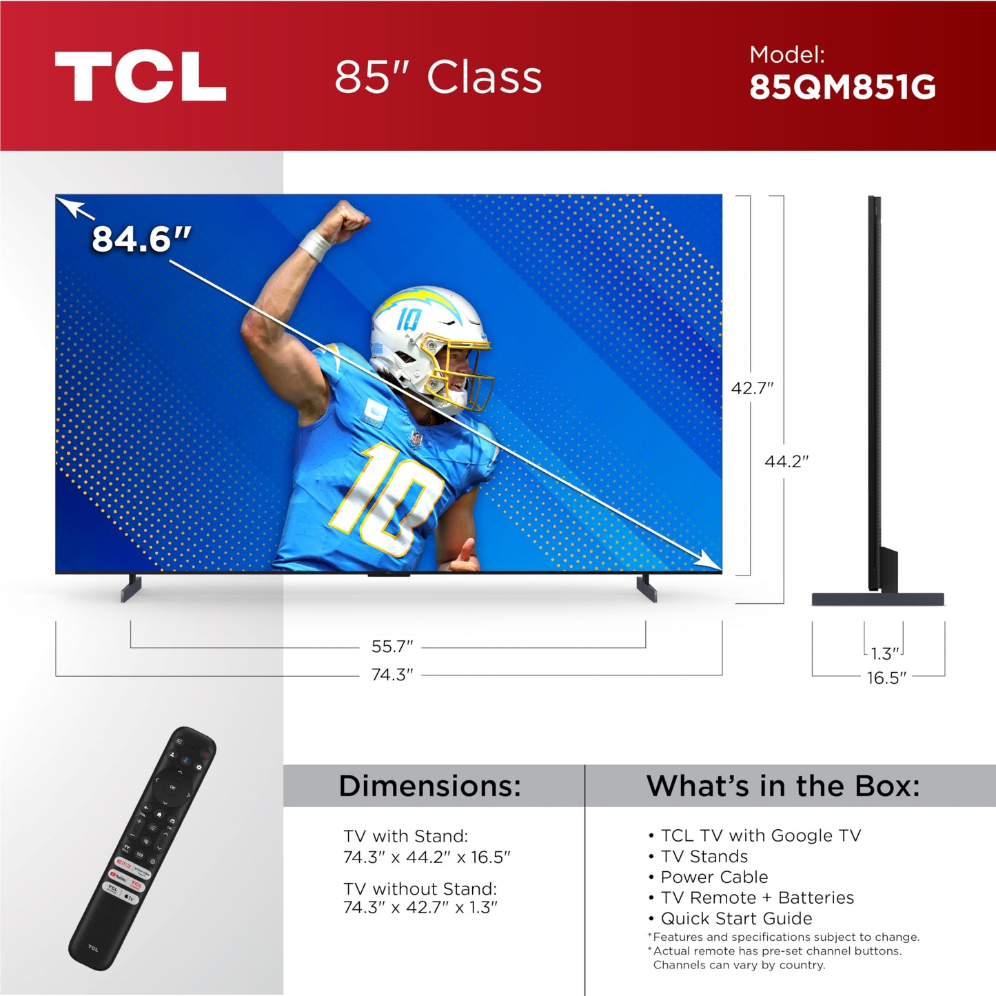 TCL 85-Inch QM85 QLED 4K Smart QD-Mini LED TV with Google TV (85QM851G, 2024 Model) Dolby Vision IQ HDR, Dolby Atmos, Game Accelerator up to 240Hz, Voice Remote, Works with Alexa, Streaming Television